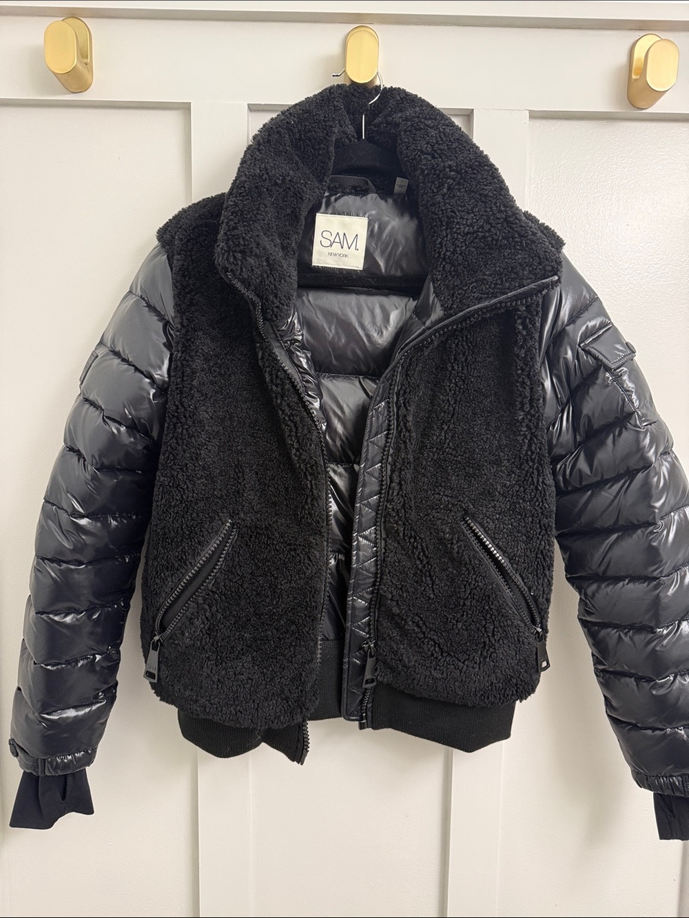 SAM. Black Sherpa Front with Glossy Puffer Sleeves Jacket